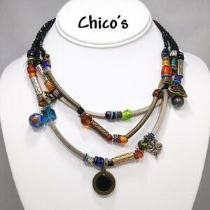 Chico's Three Strand Multicolored Charm Bead Boho Necklace, 20 Inches